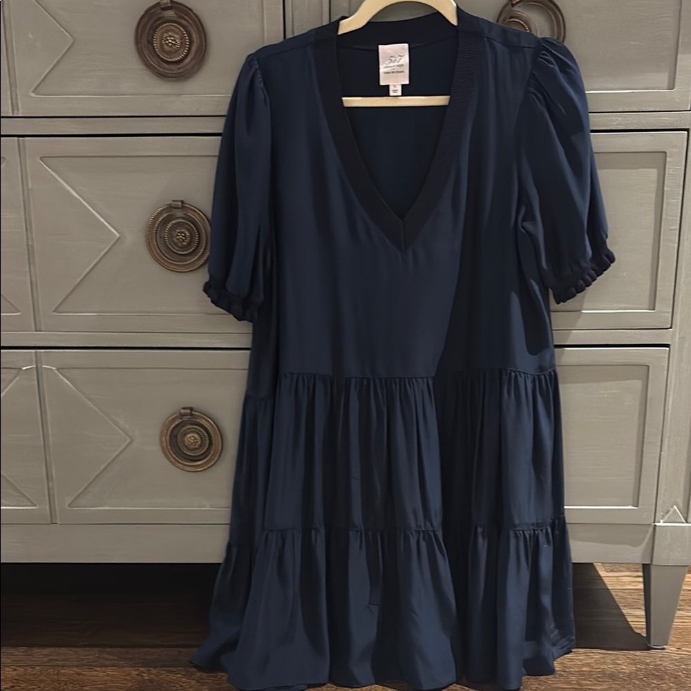 Cinq a Sept Navy V-Neck Tiered Dress